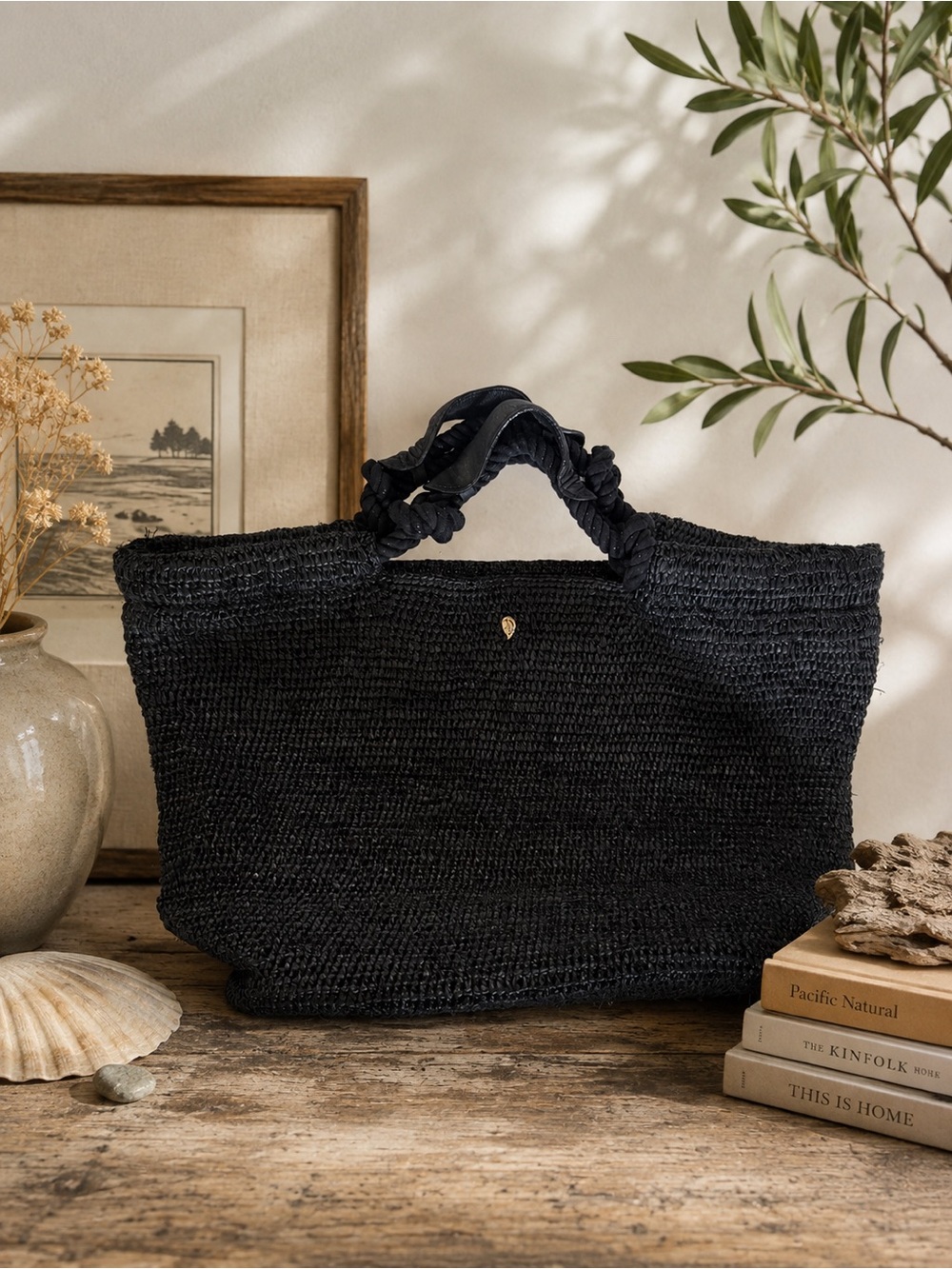 Helen Kaminski Australia Black Raffia Large Woven Tote Bag